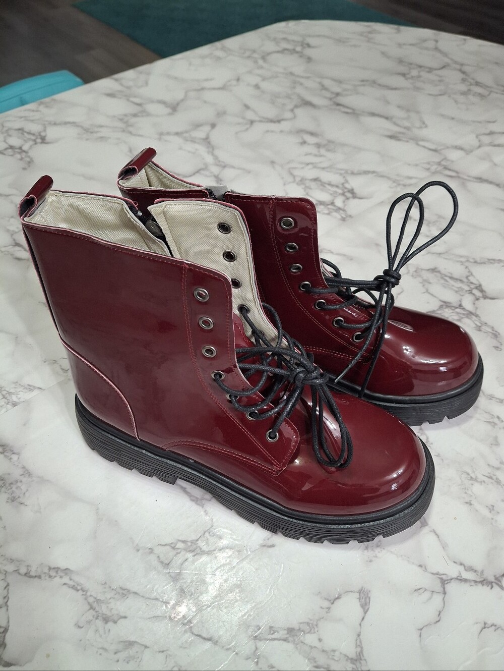 Burgundy Patent Combat Boots - Picture 2 of 7